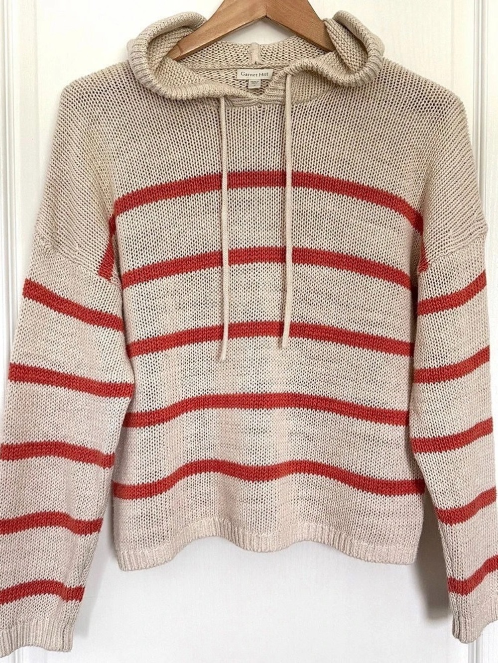 Garnet Hill Hooded Beach Sweater Striped Beige & Coral Small Linen Cotton